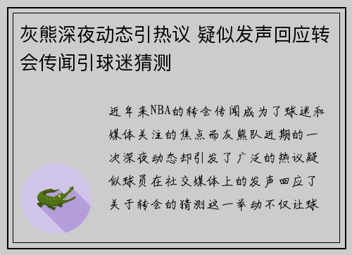 灰熊深夜动态引热议 疑似发声回应转会传闻引球迷猜测