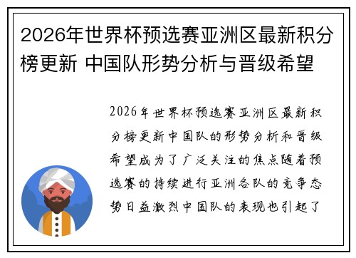 2026年世界杯预选赛亚洲区最新积分榜更新 中国队形势分析与晋级希望