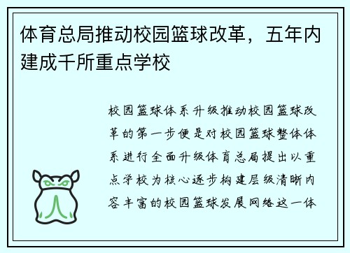 体育总局推动校园篮球改革，五年内建成千所重点学校