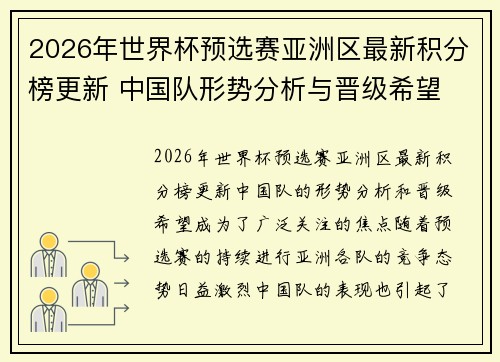 2026年世界杯预选赛亚洲区最新积分榜更新 中国队形势分析与晋级希望